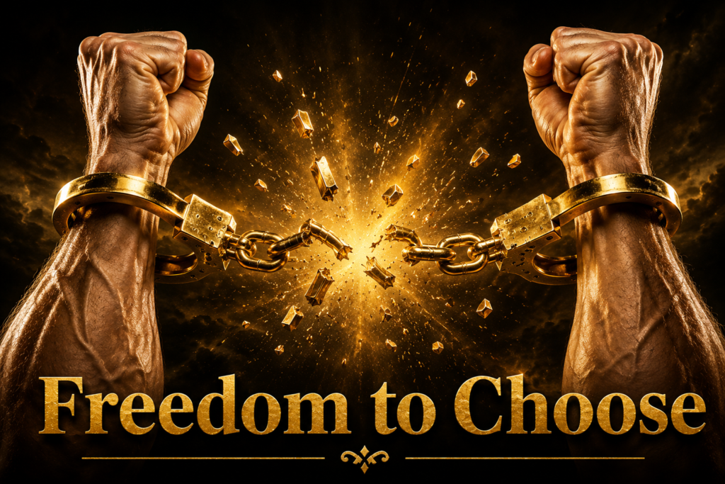 Freedom to Choose — broken chains symbolizing greater plate-vendor choice.